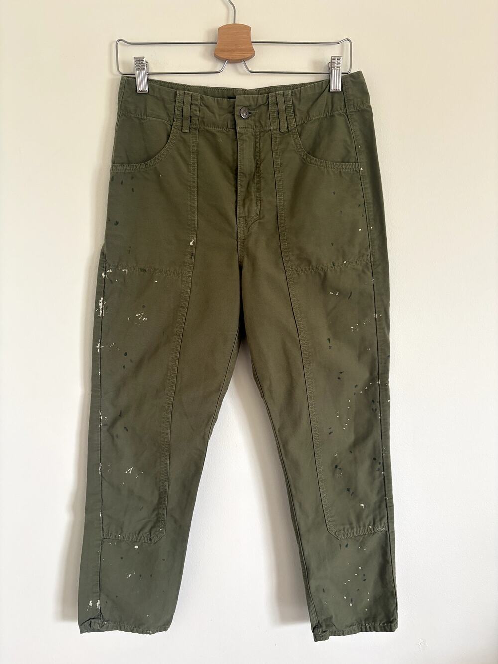 Veronica Beard Arya Paint Splattered High Rise Cropped Cargo Pants Green 28